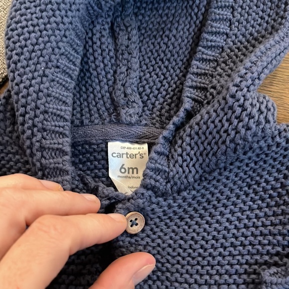 Carter’s New with Tags- Blue Knit Baby Cardigan Sweater with Ears on Hood- 6m - Picture 3 of 5